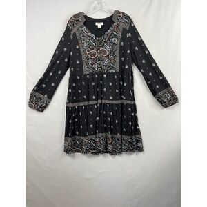 Style & Co Tiered Dress Women Medium Black Paisley Long Sleeve Excellent Boho